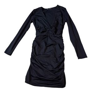 NWOT Zara Women Black Long Sleeve Bodycon Mini Dress V Neck Gathered Waist Small